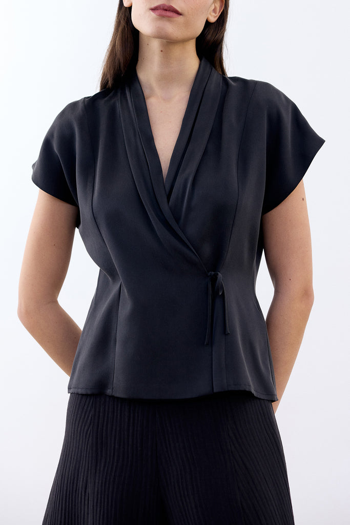 Draped Cross-Over Silk Top - Ónix