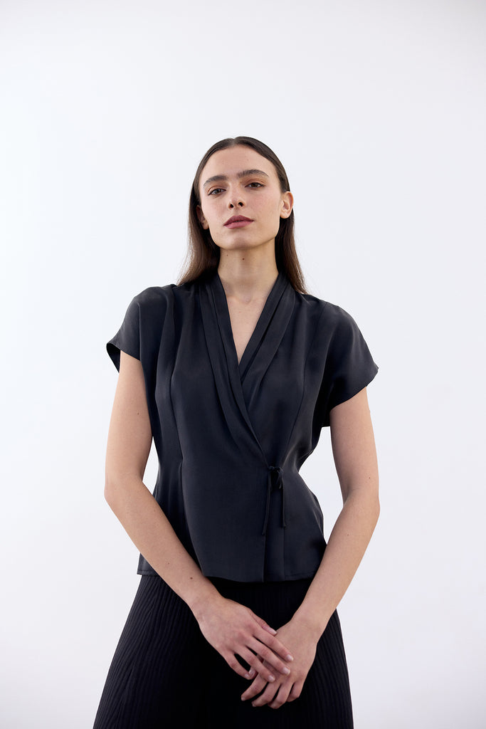 Draped Cross-Over Silk Top - Ónix