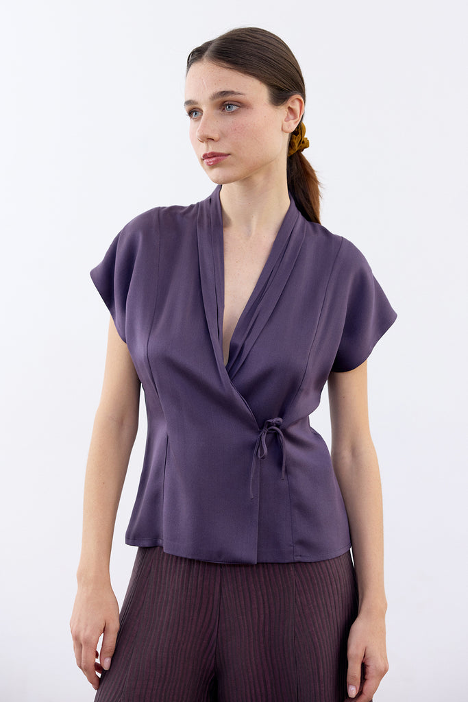 Draped Cross-Over Silk Top - Berenjena