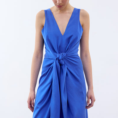 V-Neck Tie Silk Dress - Cobalto