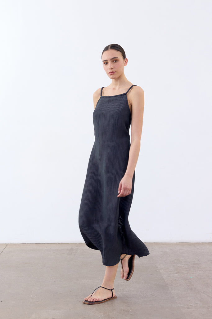 Backless Streaked Silk-Linen Dress - Lago