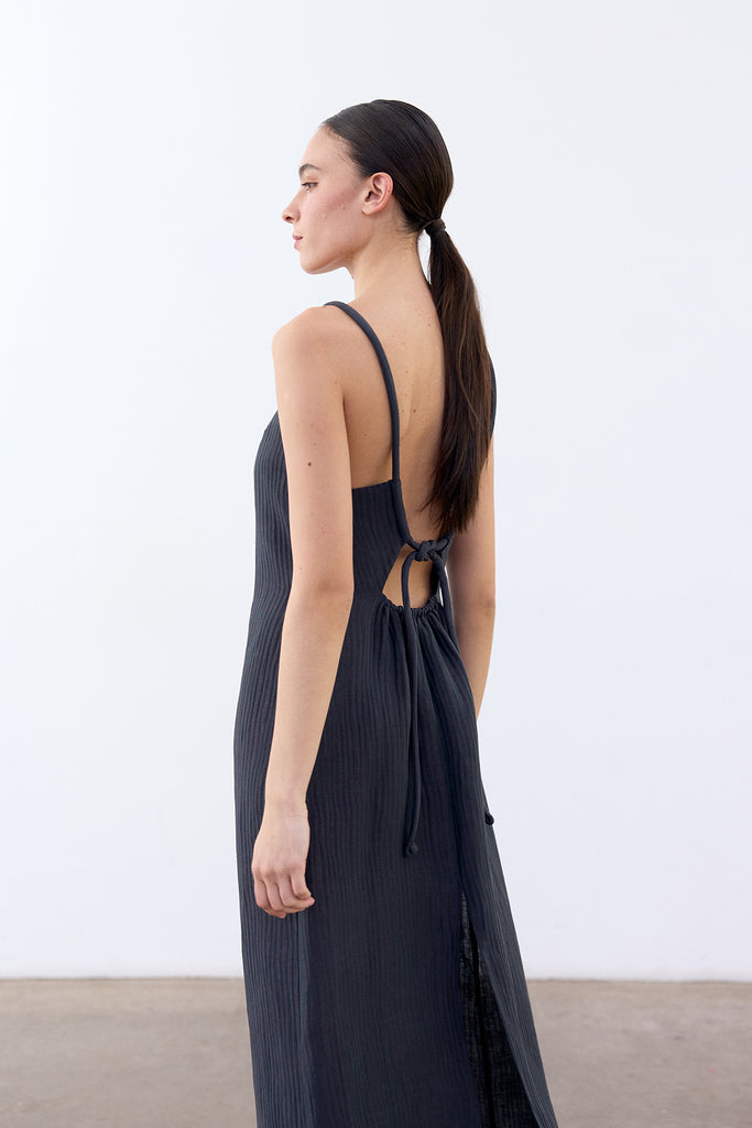 Backless Streaked Silk-Linen Dress - Lago