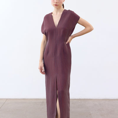 V-Neck Streaked Silk-Linen Long Dress - Mora