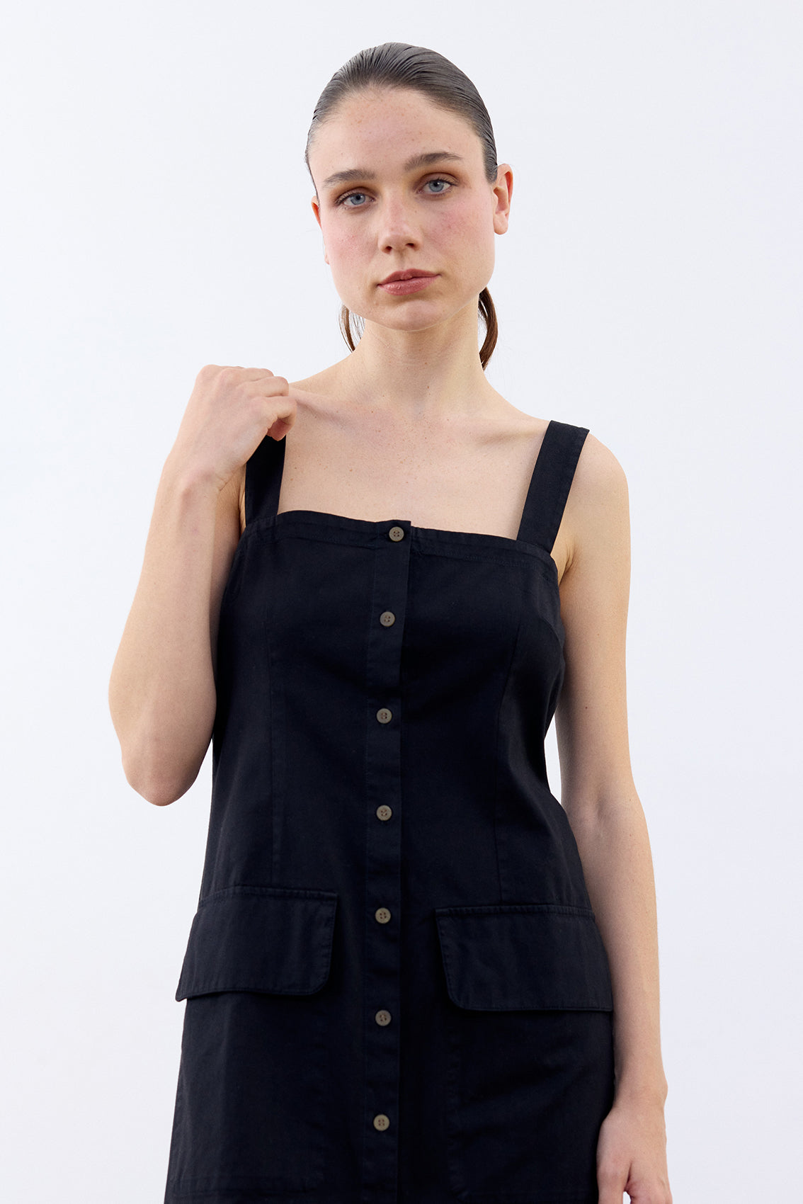 Buttoned Sleeveless Cotton Dress - Ónix