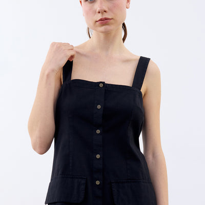 Buttoned Sleeveless Cotton Dress - Ónix