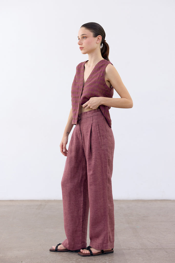 Pleated High-Waist Linen Trousers - Ciruela