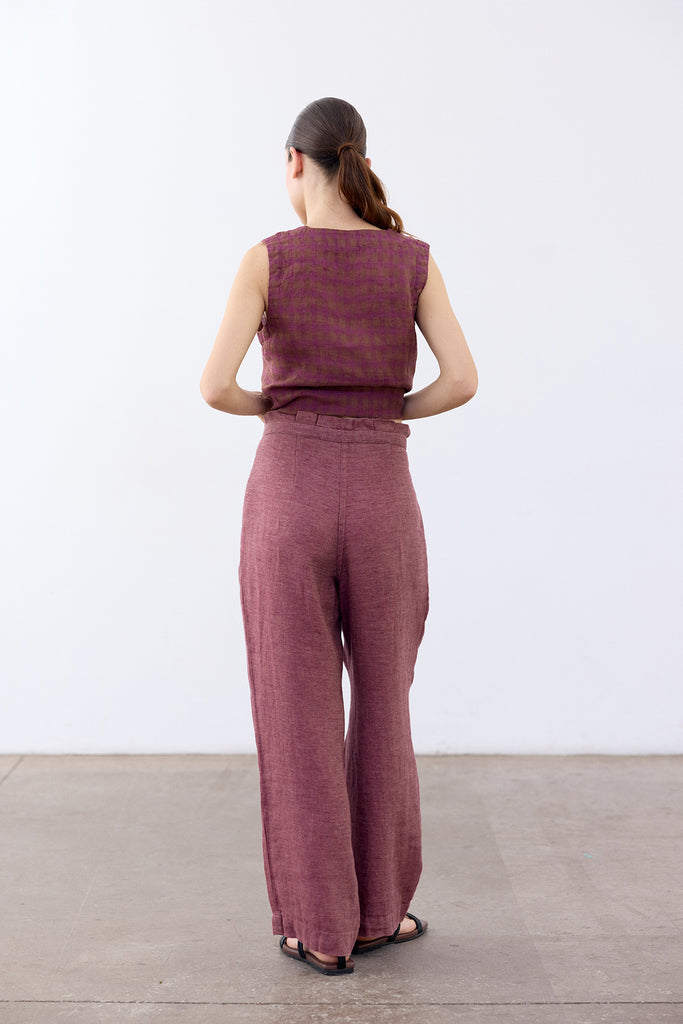 Pleated High-Waist Linen Trousers - Ciruela