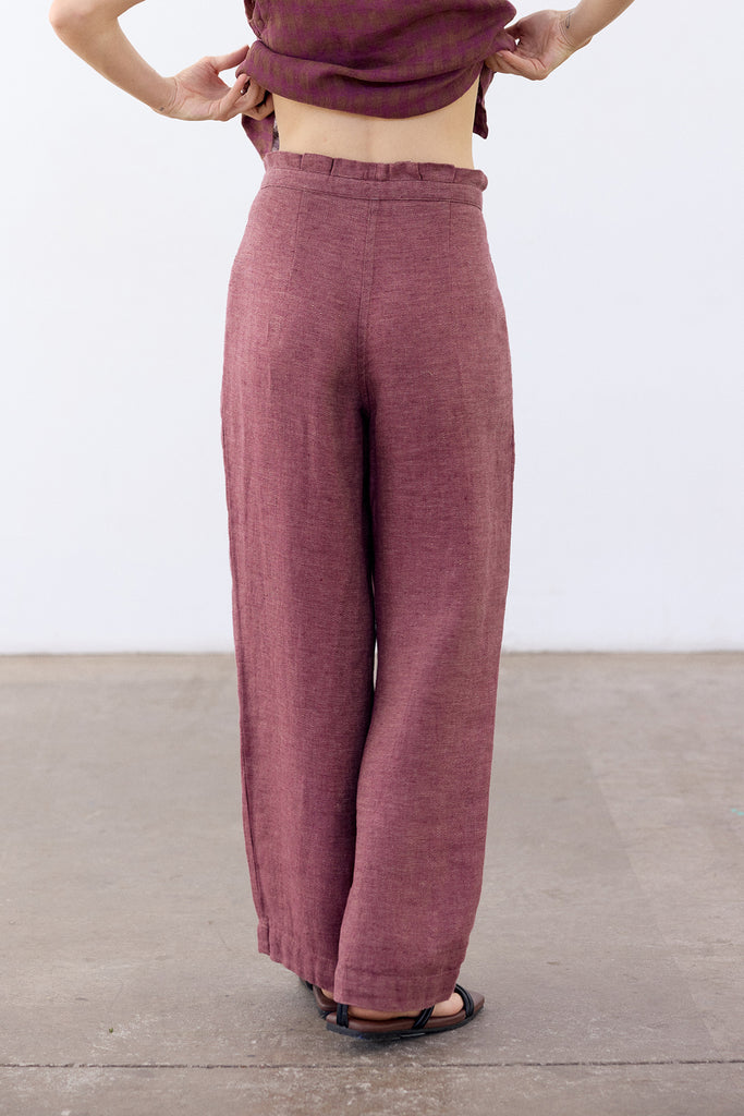 Pleated High-Waist Linen Trousers - Ciruela