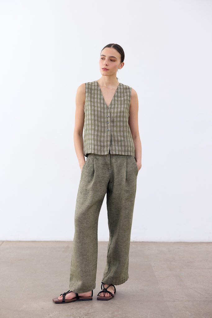 Pleated High-Waist Linen Trousers - Musgo