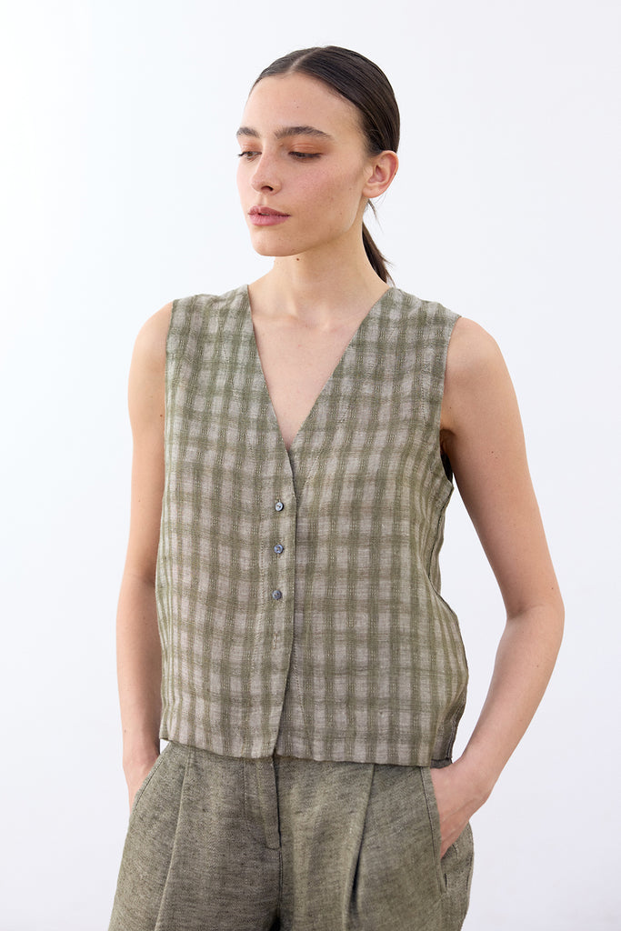 Top Vest Abotonado Lino - Musgo