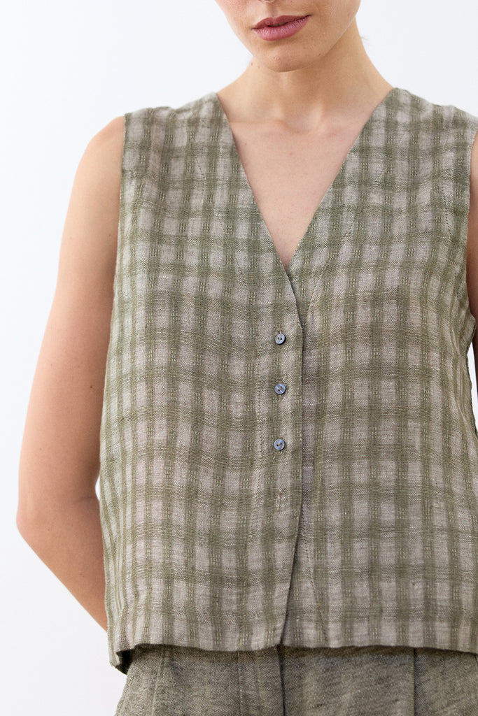 Buttoned Linen Vest Top - Musgo