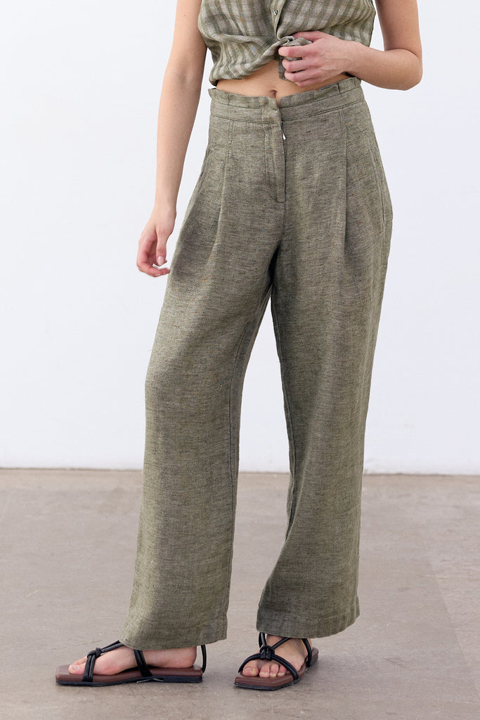 Pleated High-Waist Linen Trousers - Musgo