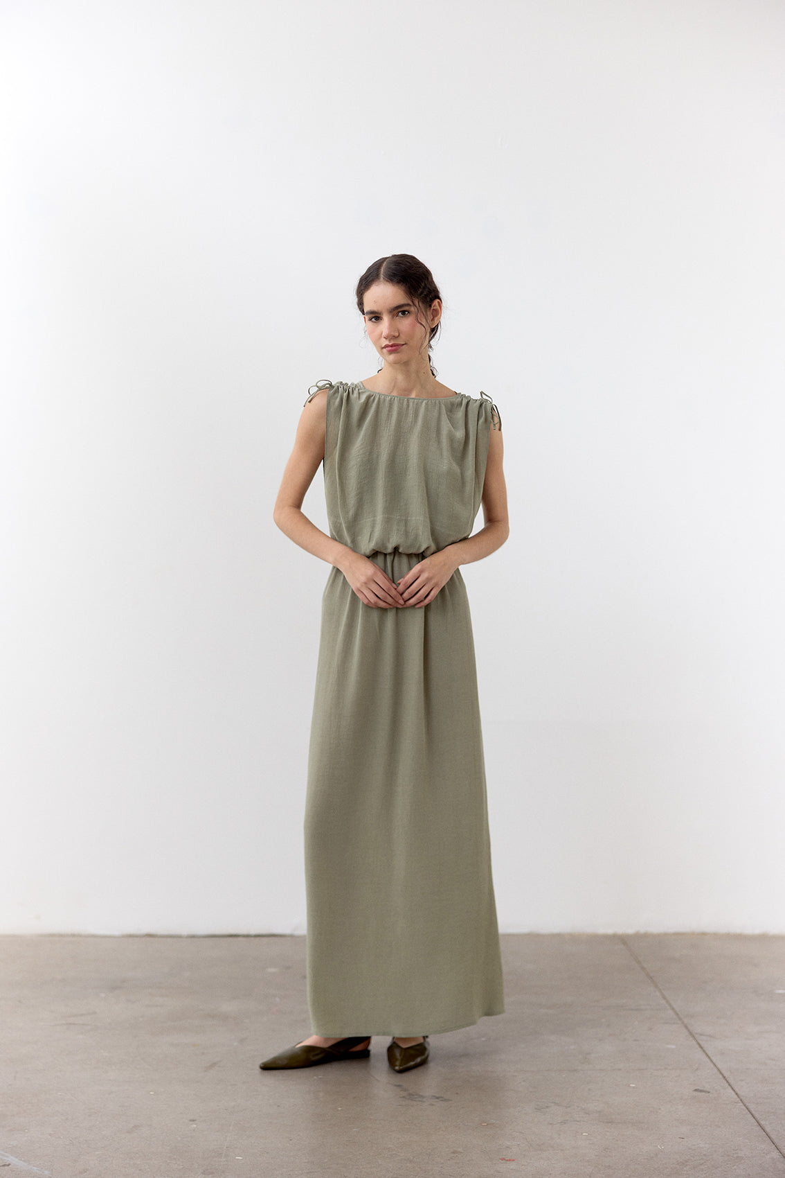 Vestido Ablusonado Lyocell Corrugado - Musgo