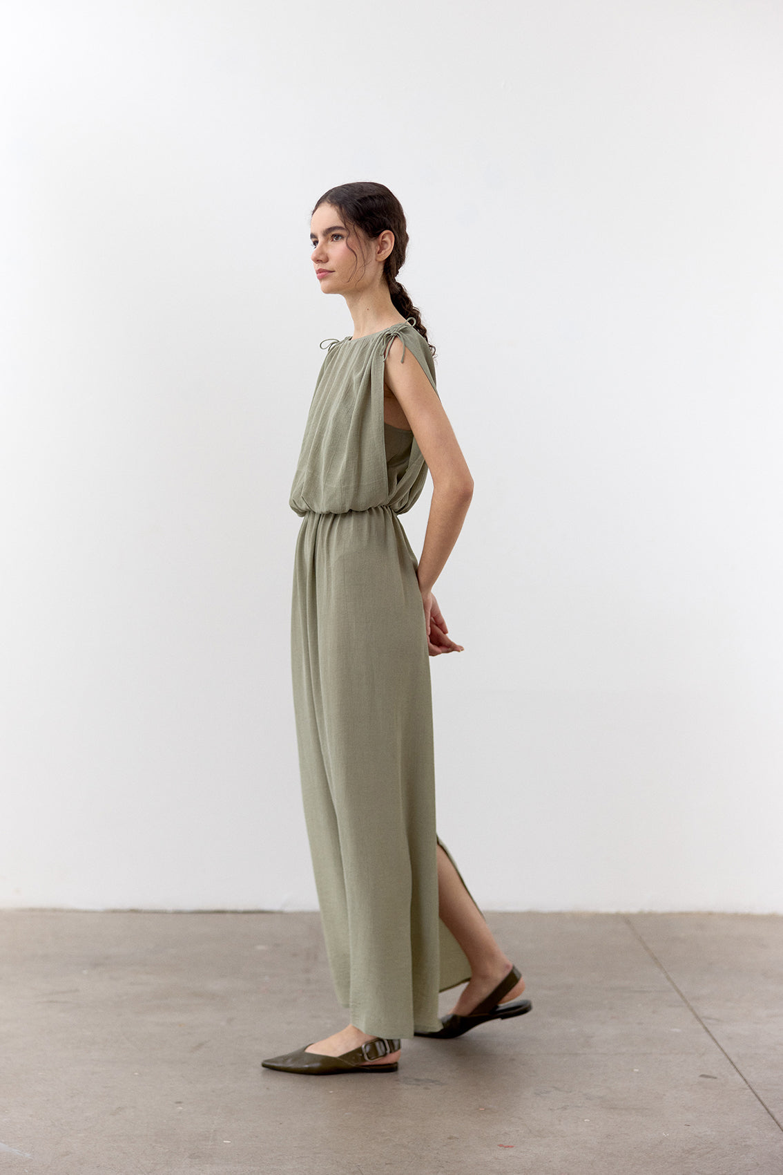 Vestido Ablusonado Lyocell Corrugado - Musgo