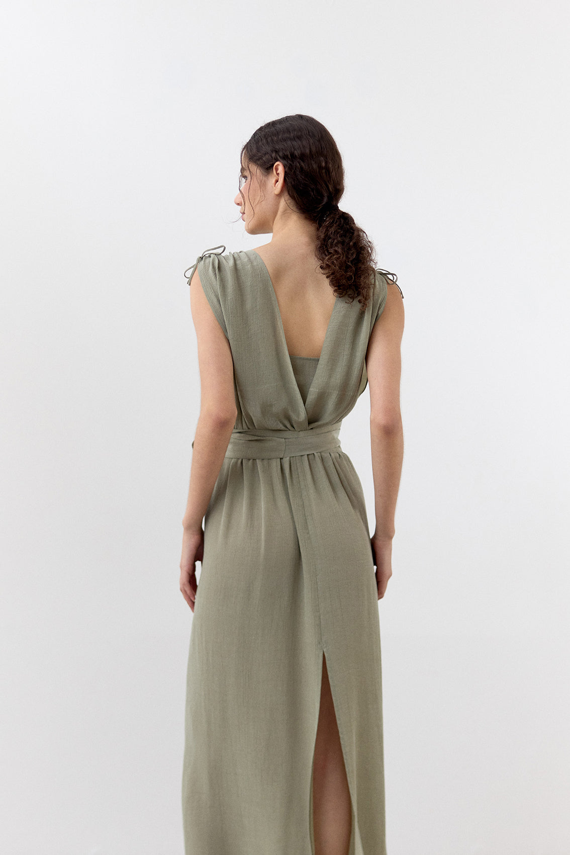 Vestido Ablusonado Lyocell Corrugado - Musgo