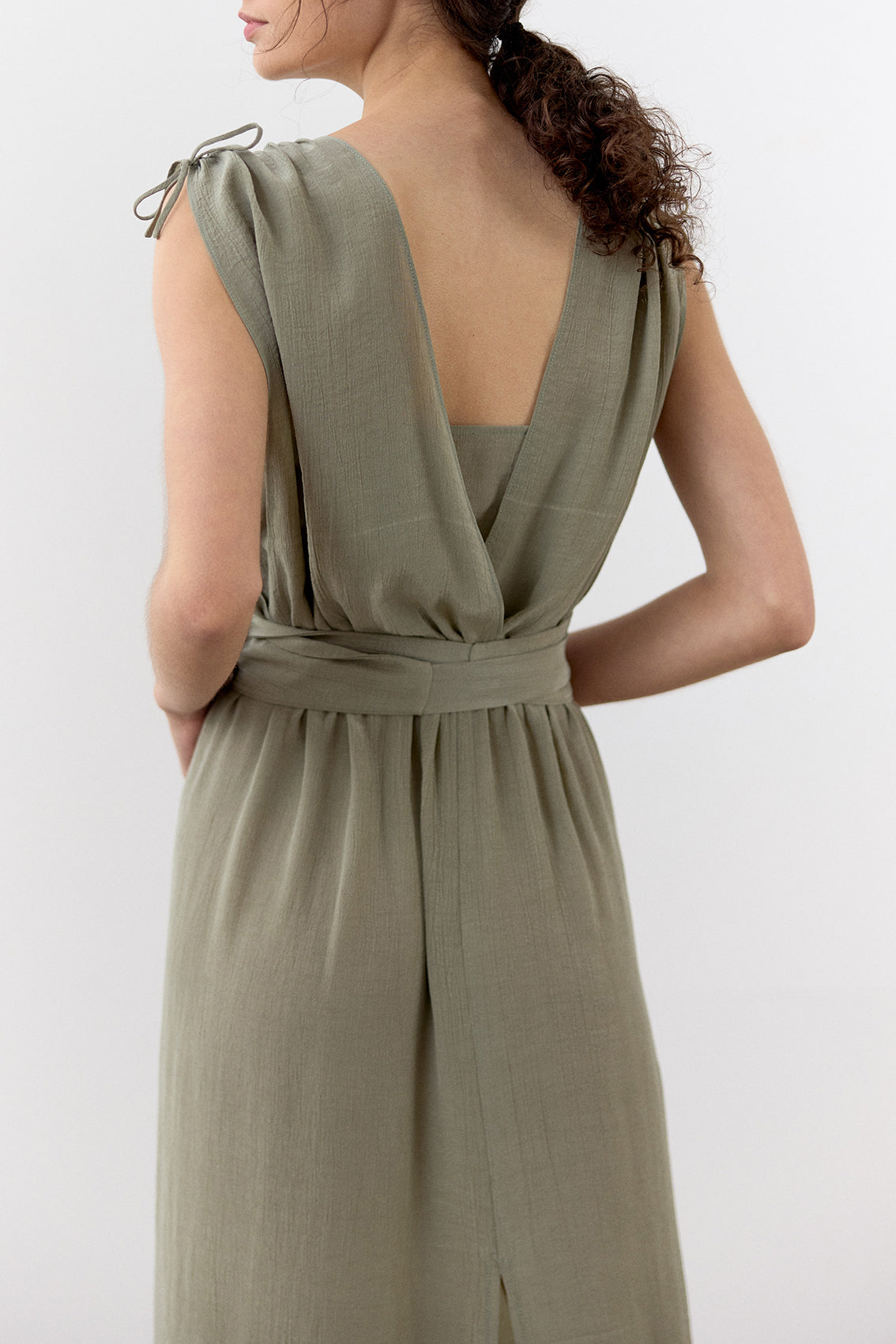 Vestido Ablusonado Lyocell Corrugado - Musgo