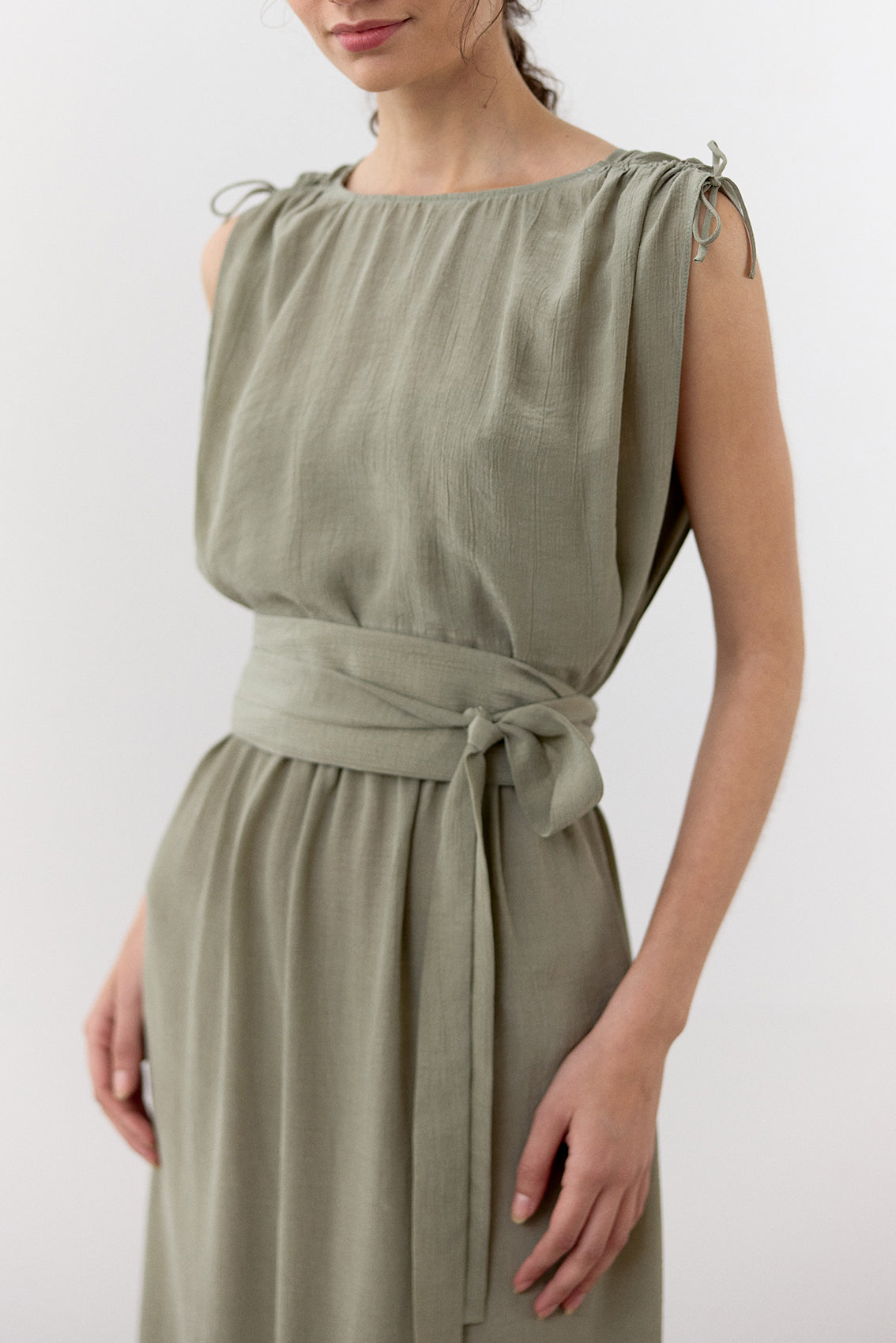 Vestido Ablusonado Lyocell Corrugado - Musgo