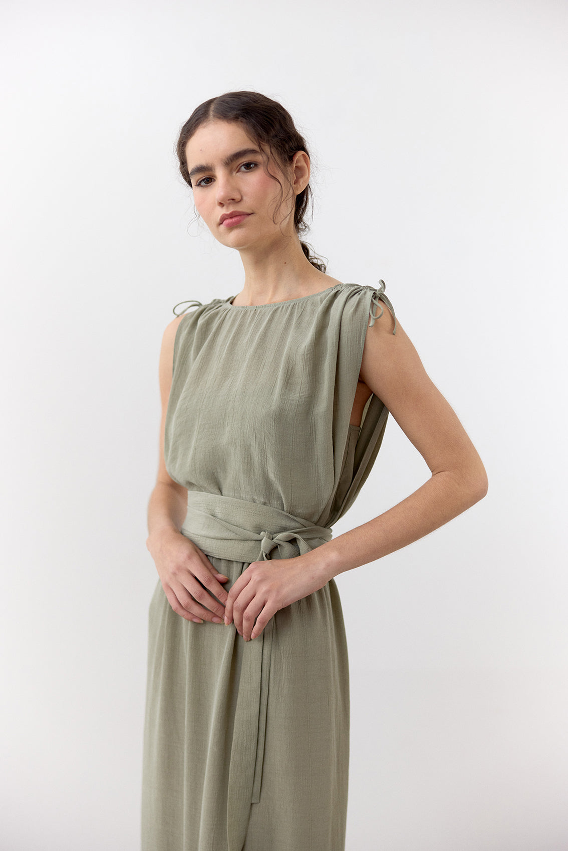 Vestido Ablusonado Lyocell Corrugado - Musgo