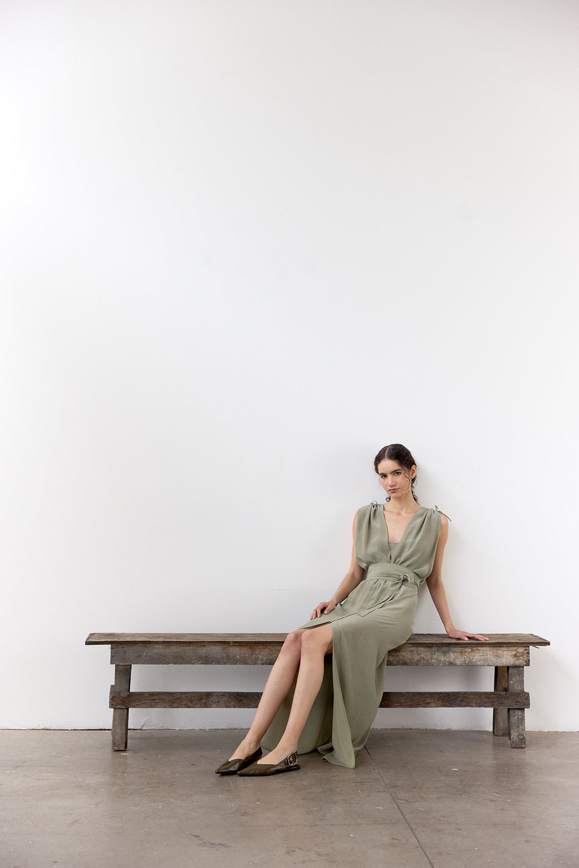 Vestido Ablusonado Lyocell Corrugado - Musgo