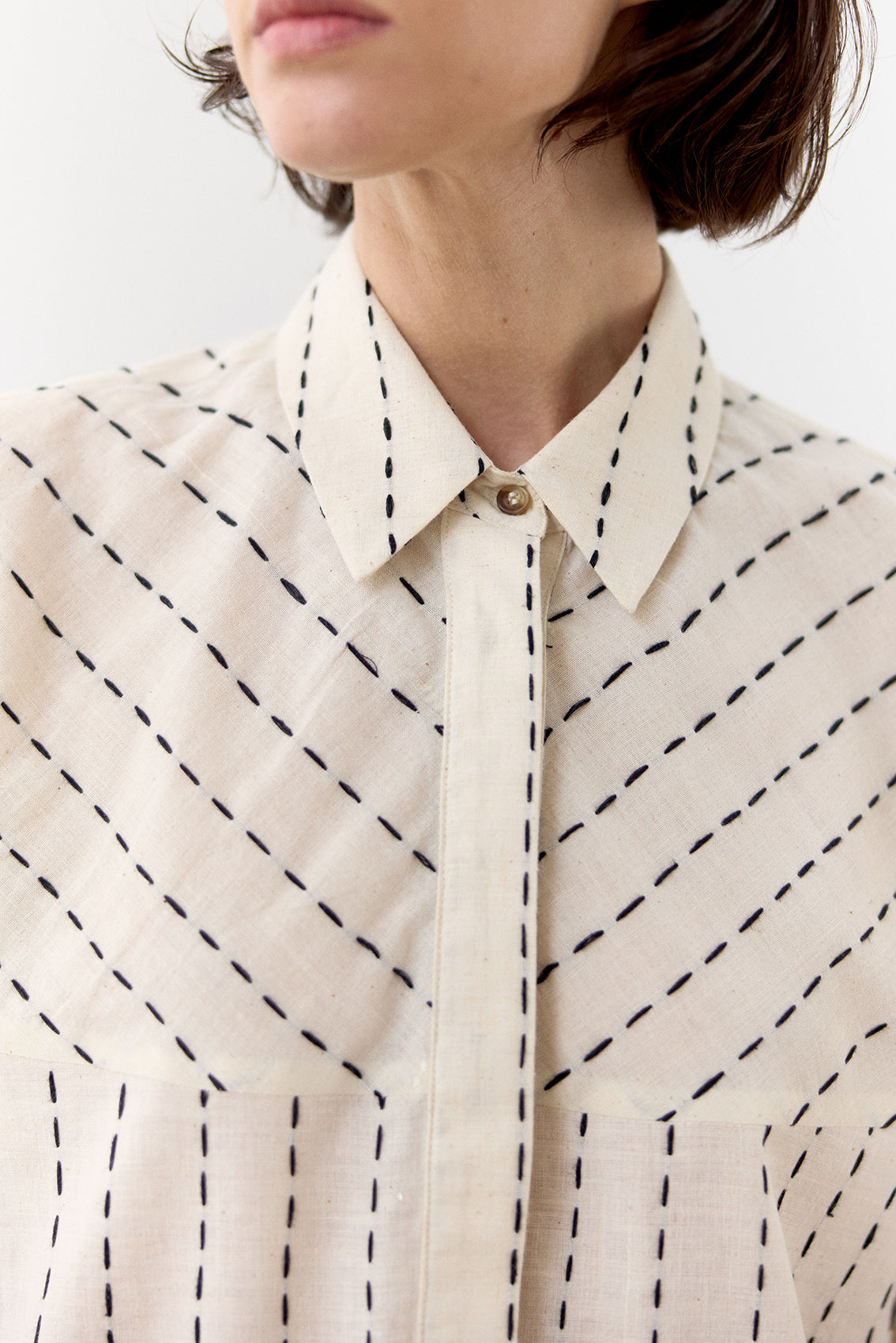 Blusa Manga Corta Algodón Pespuntes