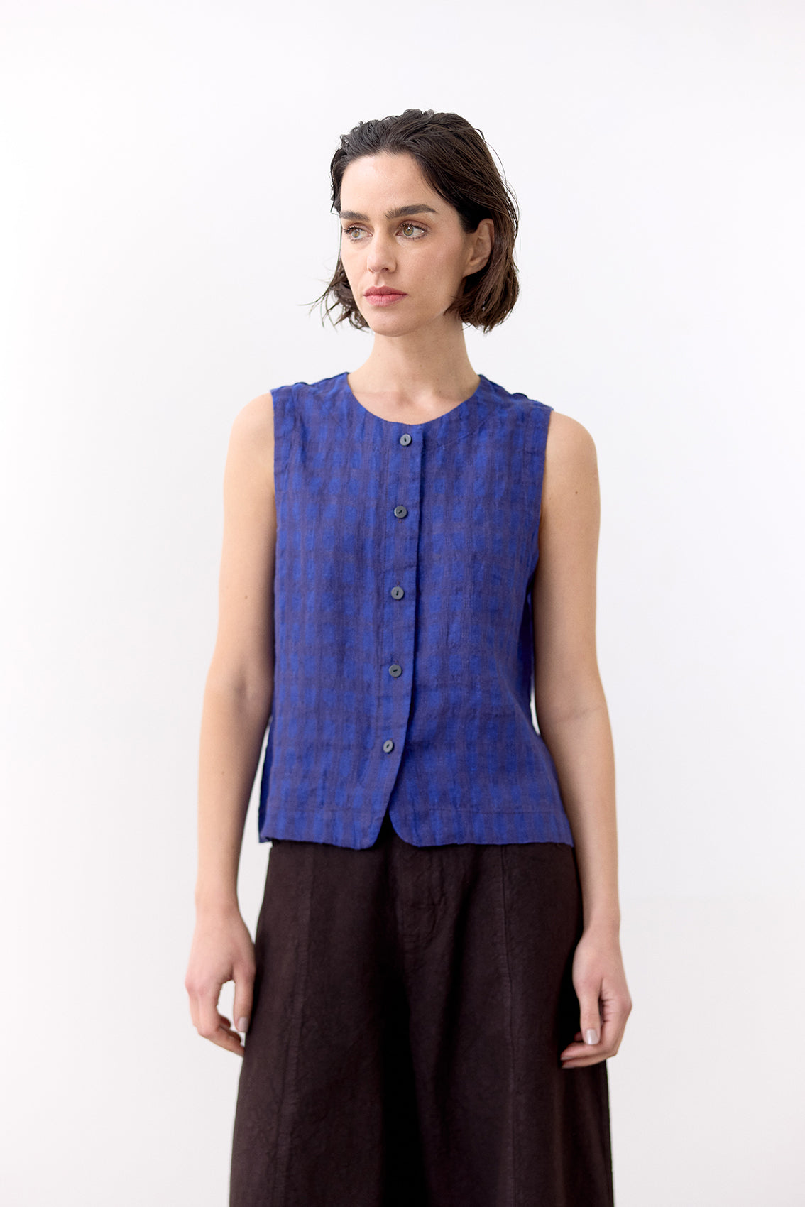 Top Gingham Abotonado Lino - Ultramar