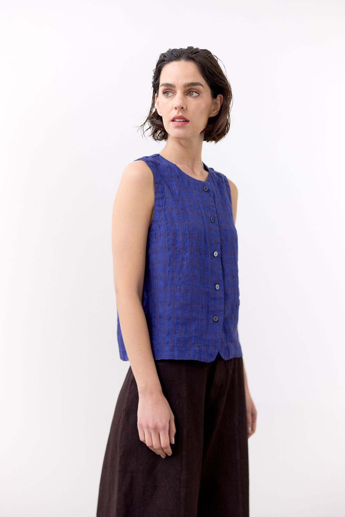 Top Gingham Abotonado Lino - Ultramar