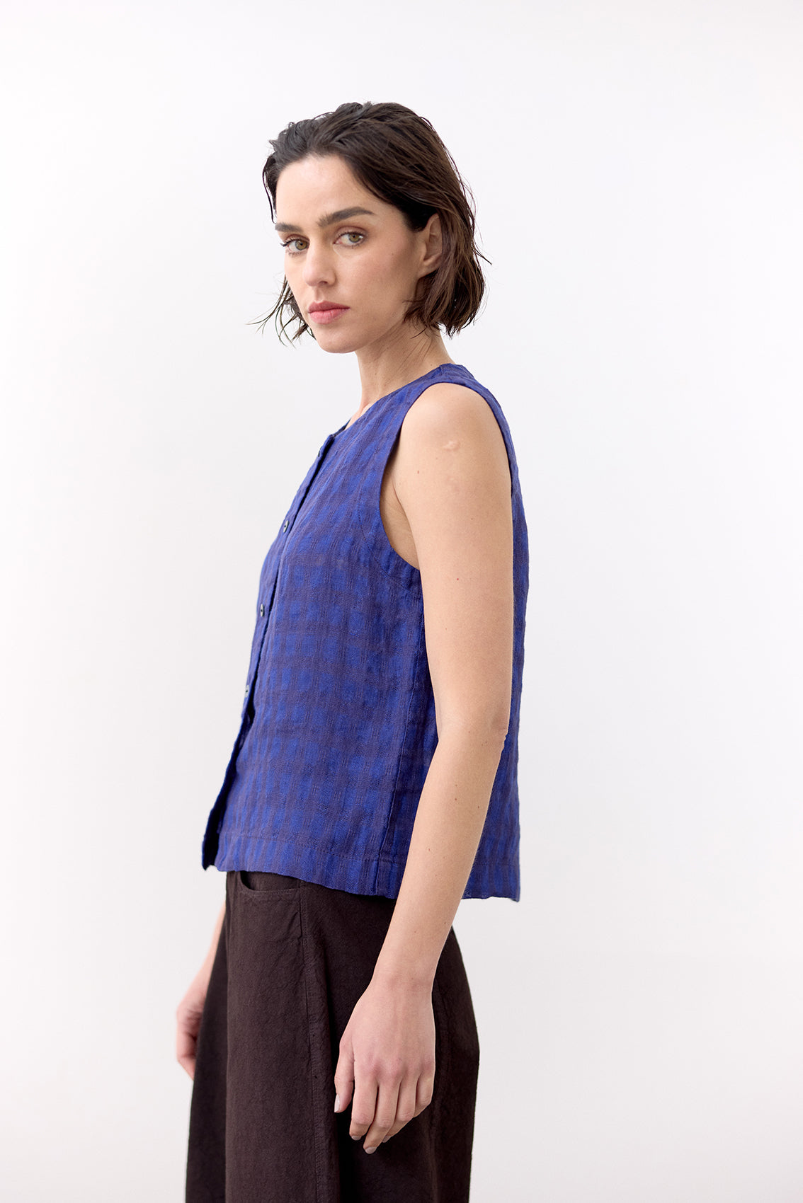 Top Gingham Abotonado Lino - Ultramar