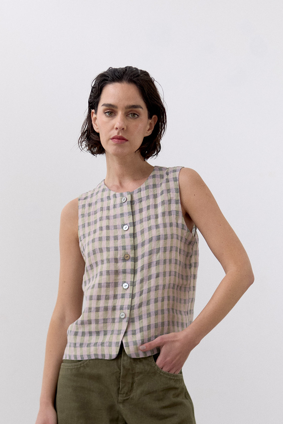 Top Gingham Abotonado Lino - Checked