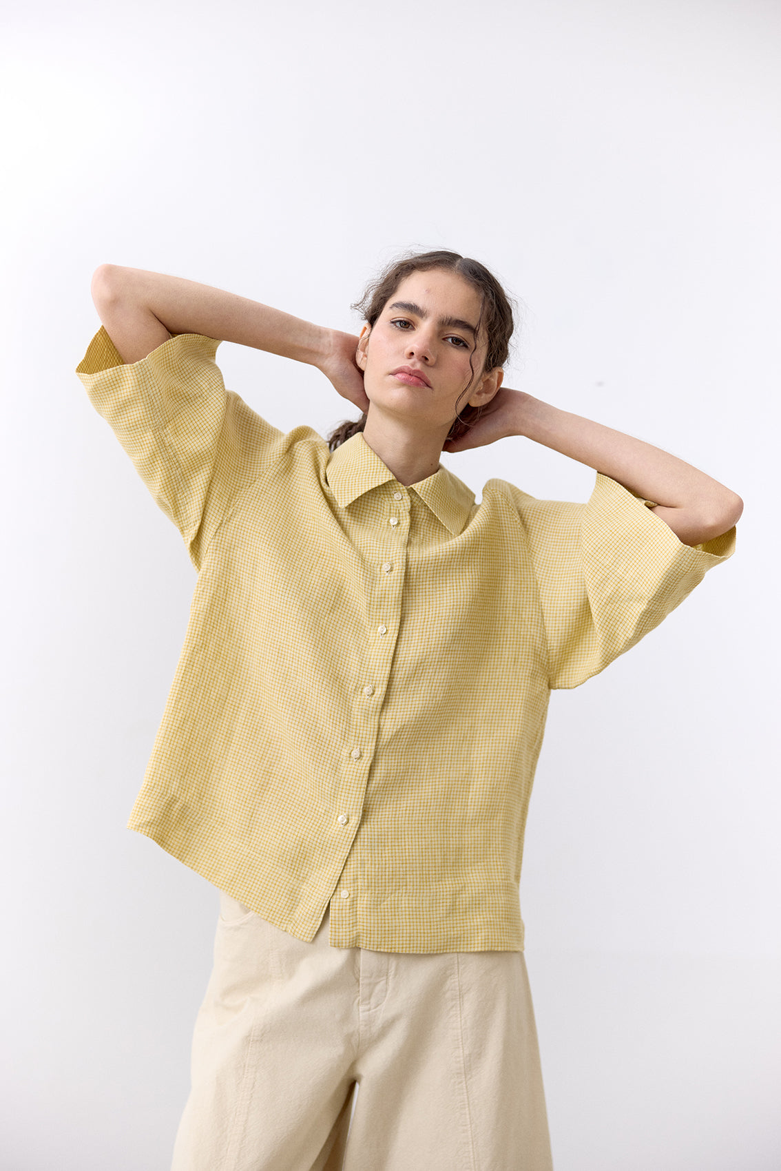 Blusa Microcuadrillé Raglan Lino - Mantequilla