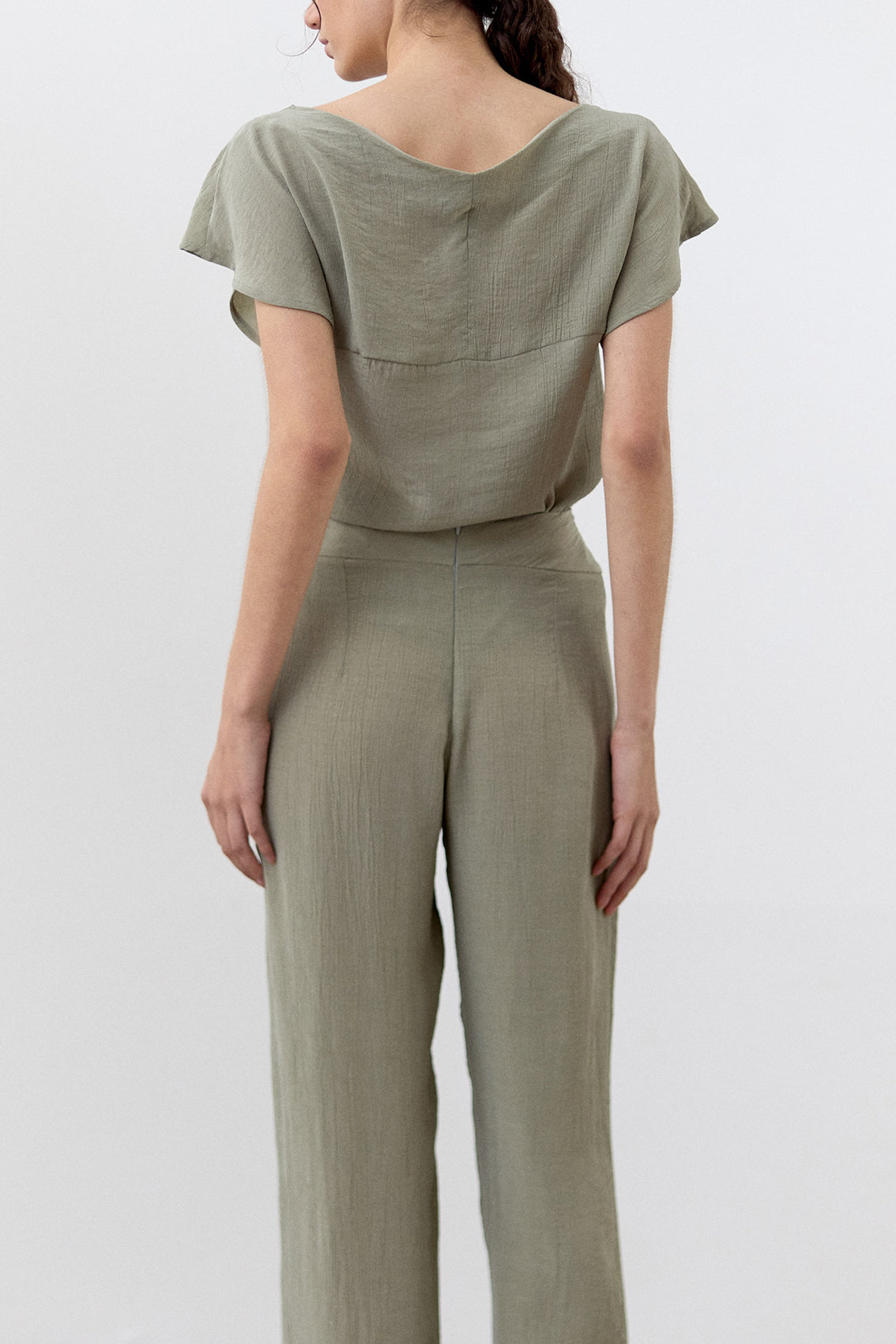 Pantalón Pretina Curva Lyocell Corrugado - Musgo