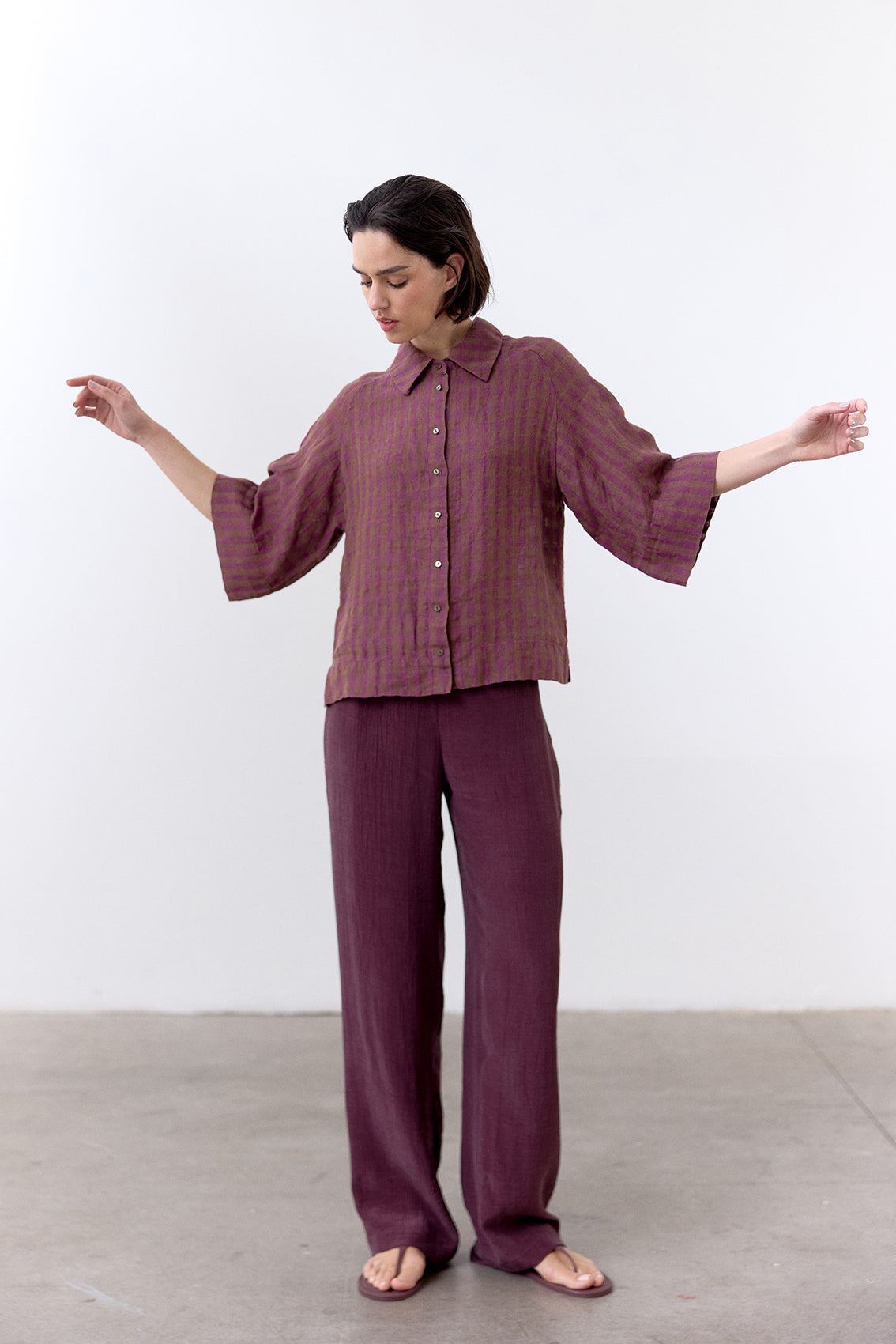 Blusa Gingham Raglan Lino - Ciruela