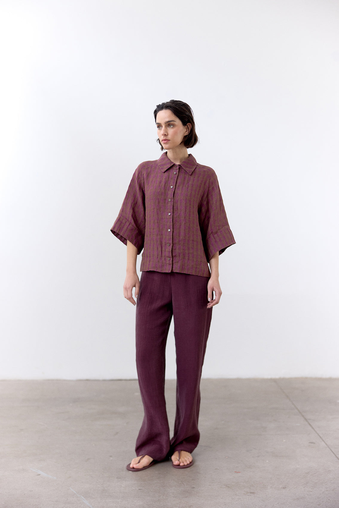 Blusa Gingham Raglan Lino - Ciruela