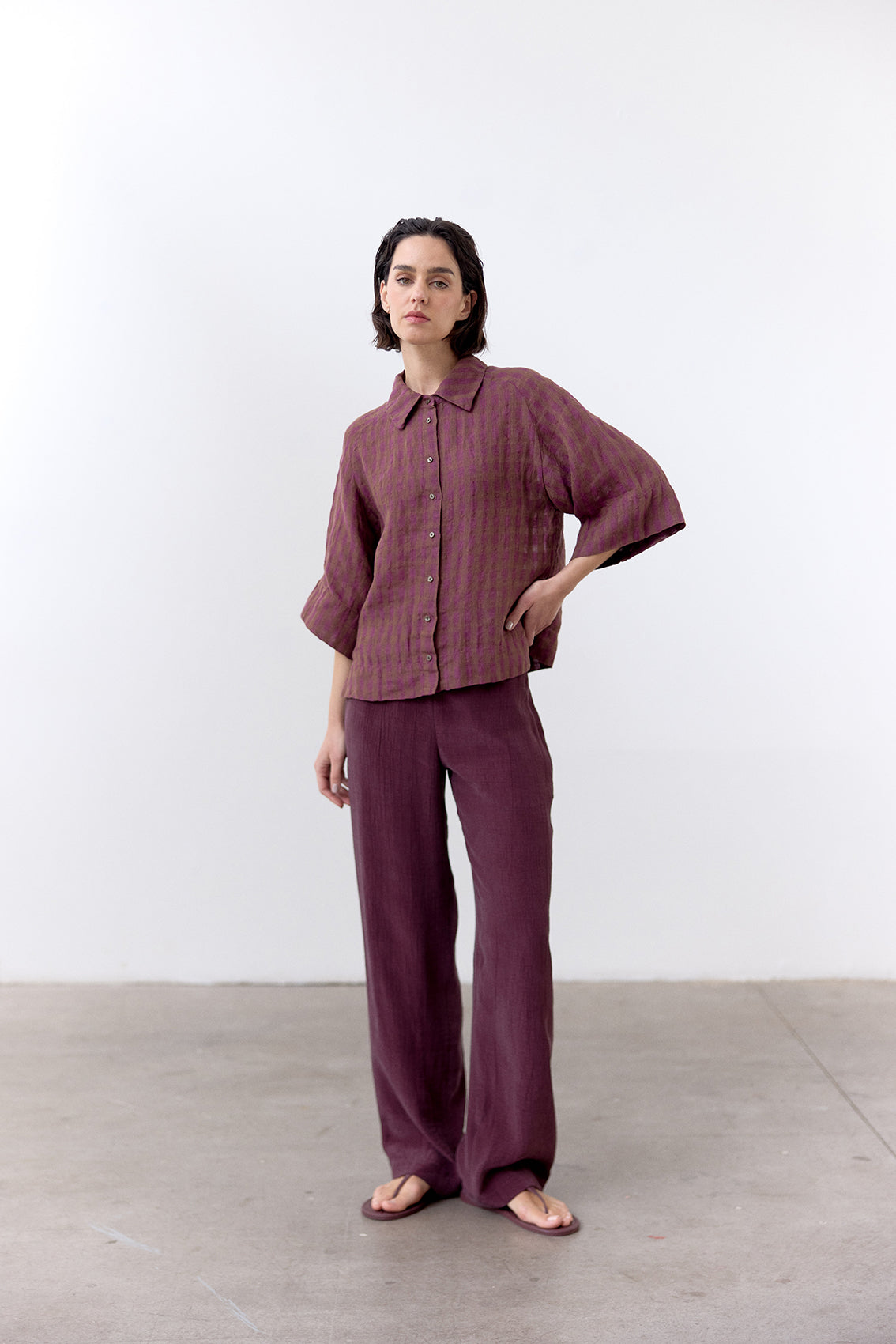 Blusa Gingham Raglan Lino - Ciruela