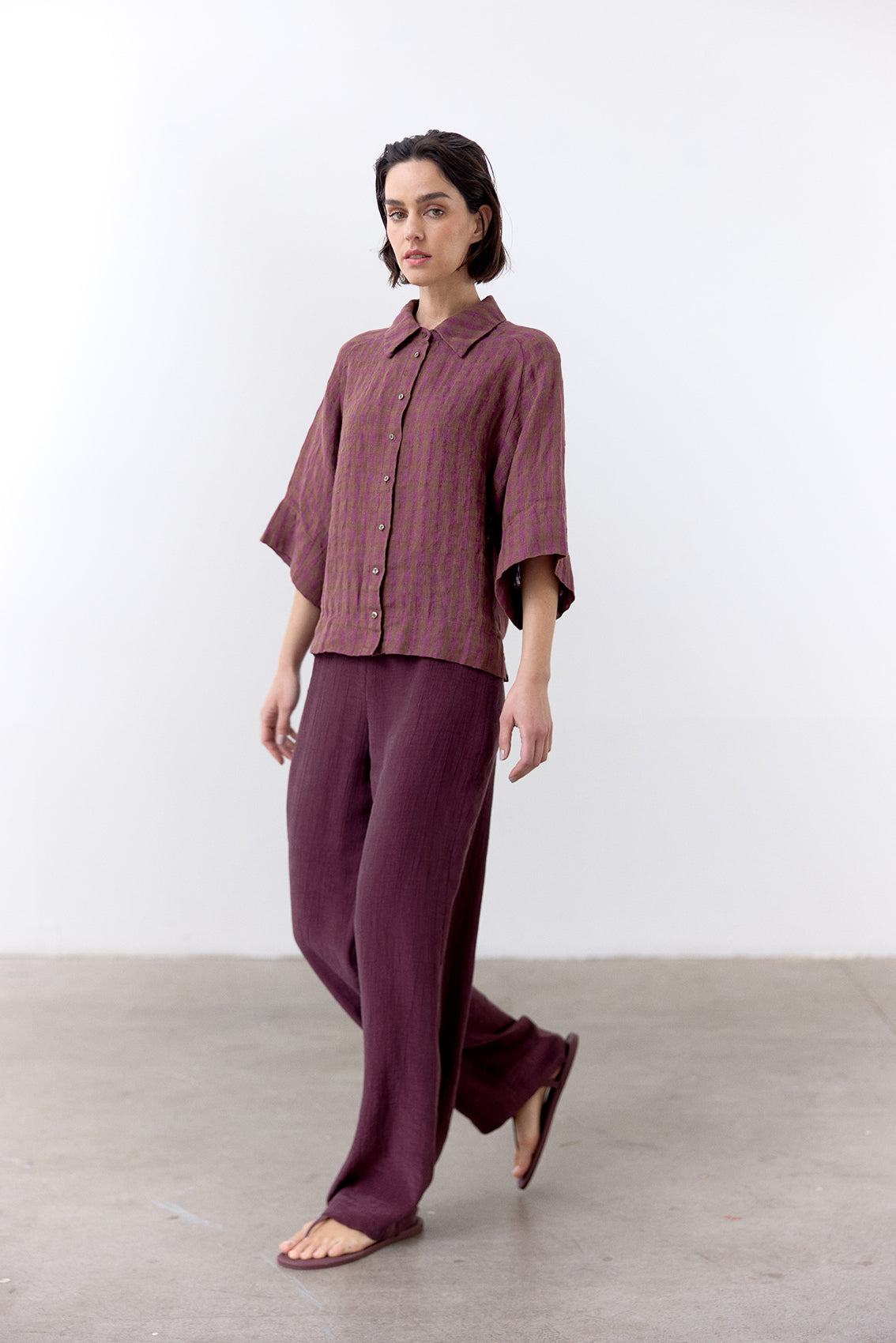 Blusa Gingham Raglan Lino - Ciruela