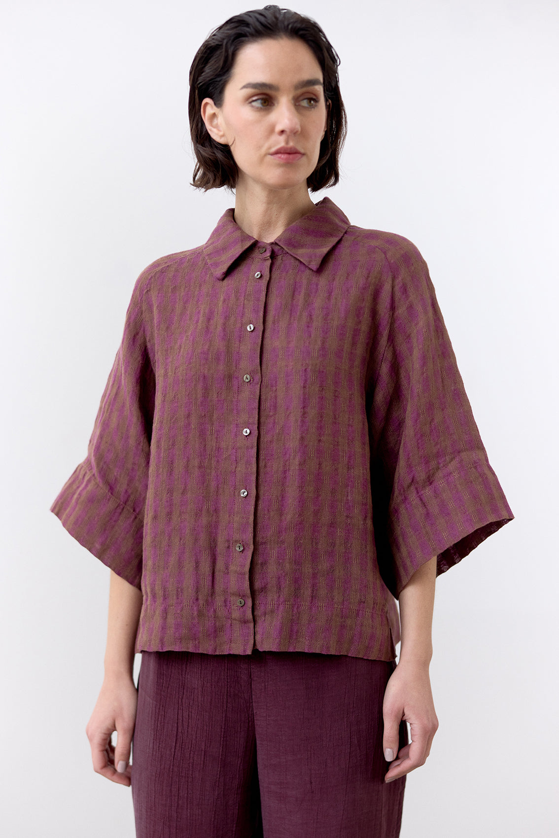 Blusa Gingham Raglan Lino - Ciruela