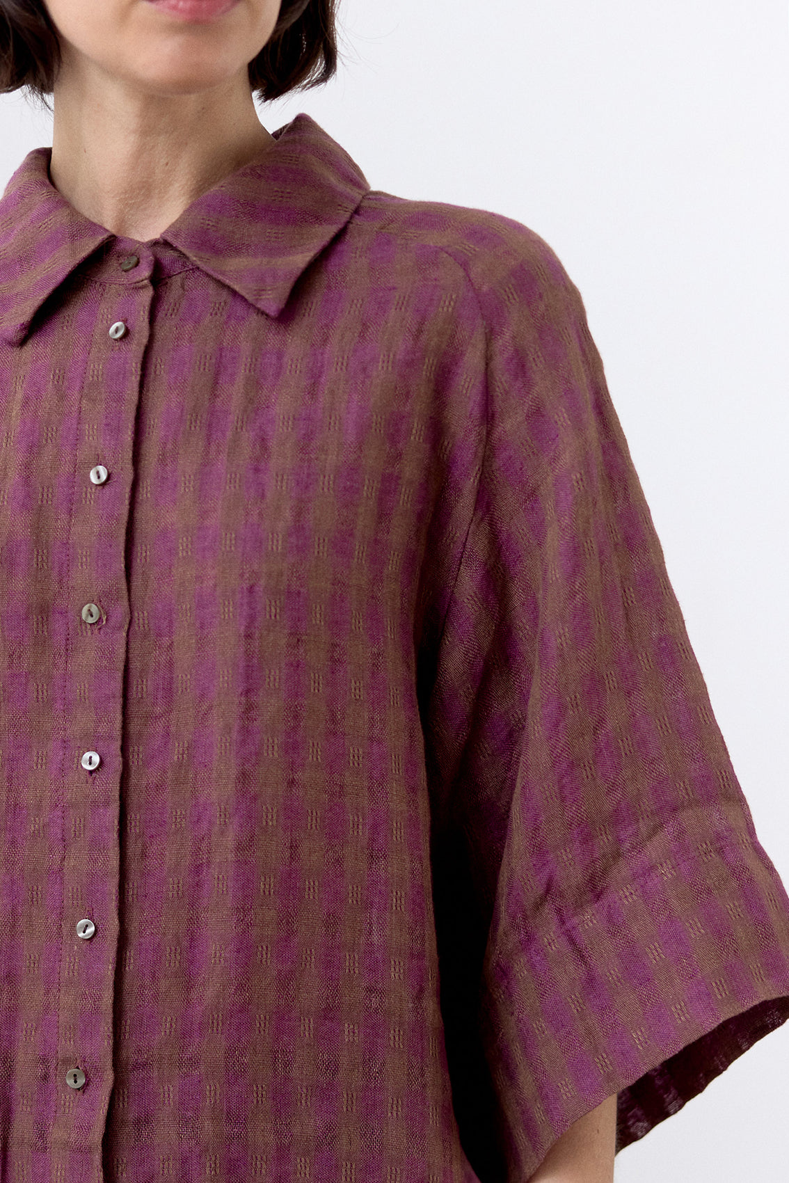 Blusa Gingham Raglan Lino - Ciruela