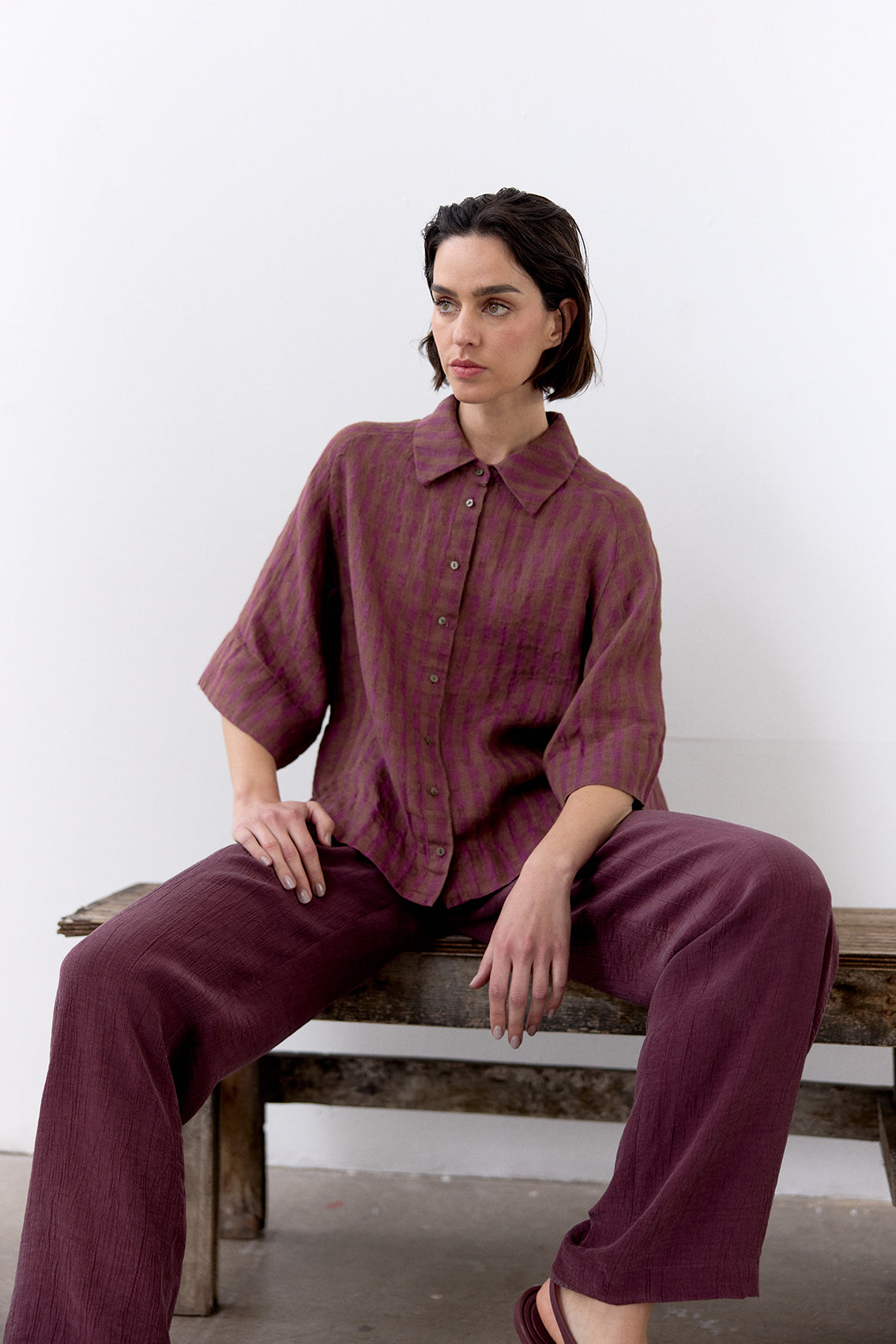 Blusa Gingham Raglan Lino - Ciruela