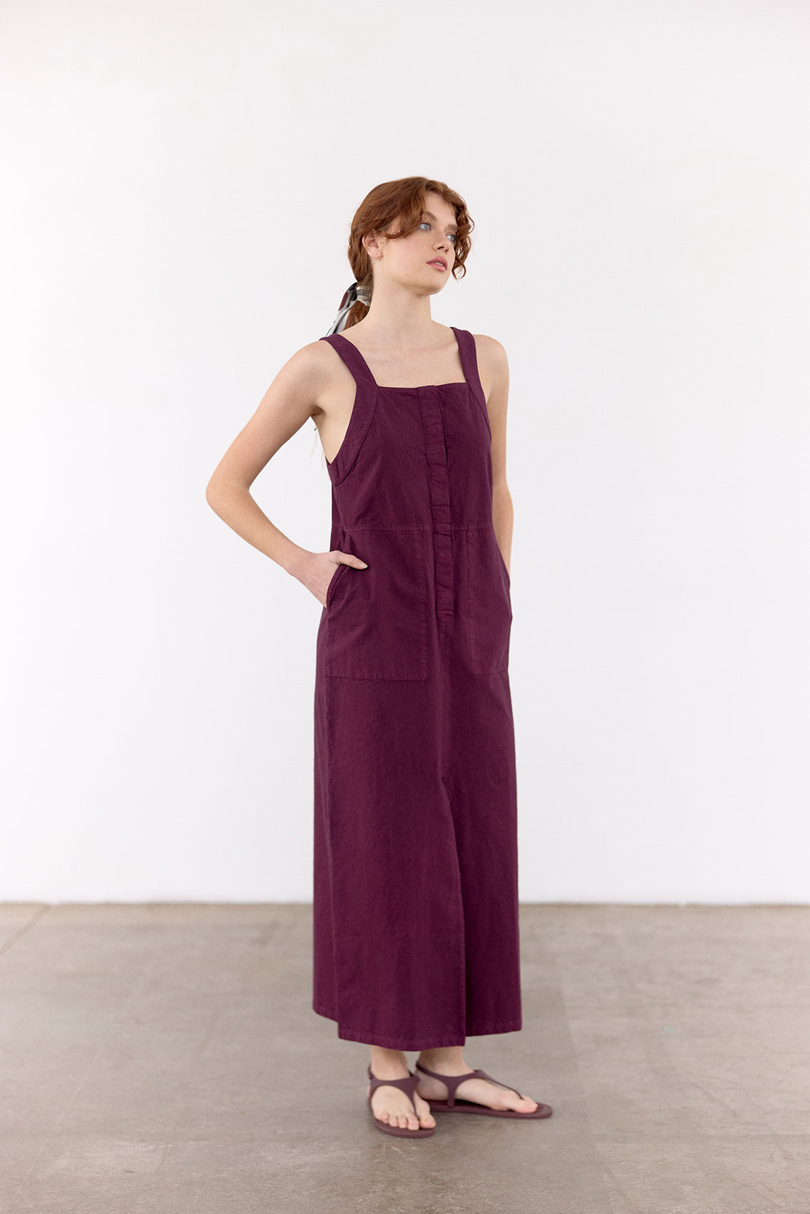 Vestido Utilitario Algodón Rugoso - Vino