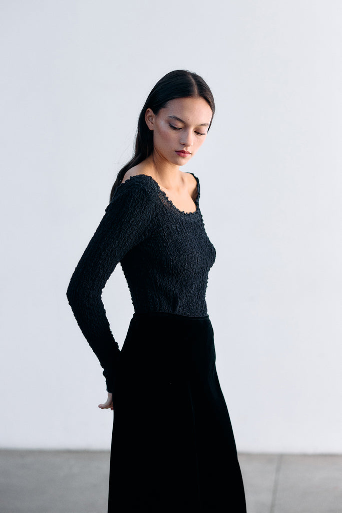 Crinkle Texture Silk Top - Ónix