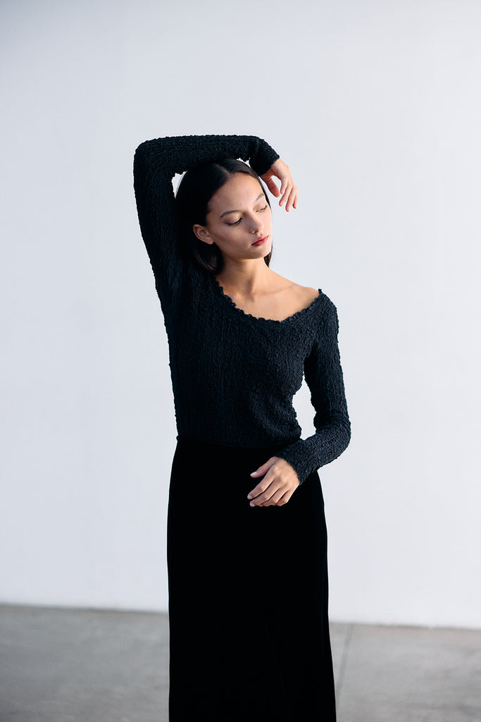 Crinkle Texture Silk Top - Ónix
