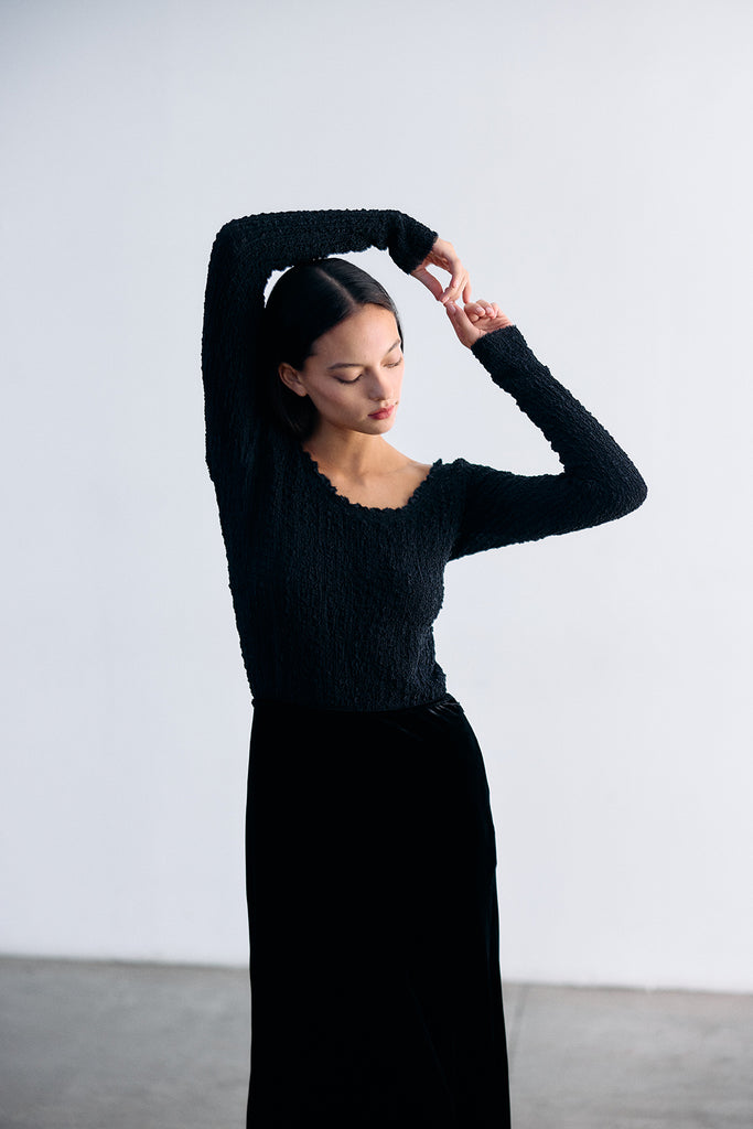 Crinkle Texture Silk Top - Ónix