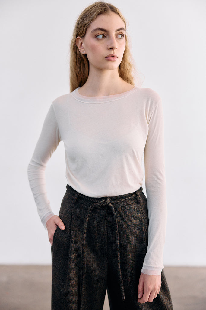 Long-Sleeve Crew Neck Pima Cotton Top - Crudo