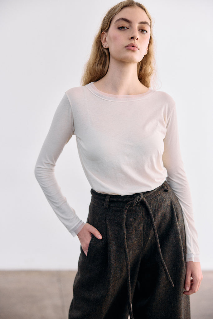 Long-Sleeve Crew Neck Pima Cotton Top - Crudo