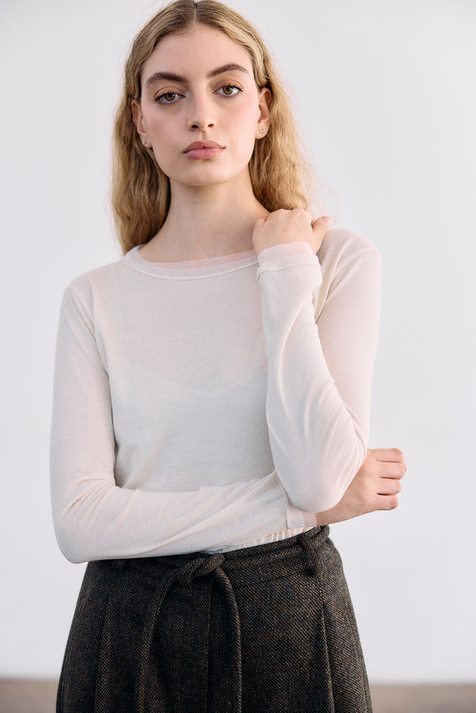 Long-Sleeve Crew Neck Pima Cotton Top - Crudo