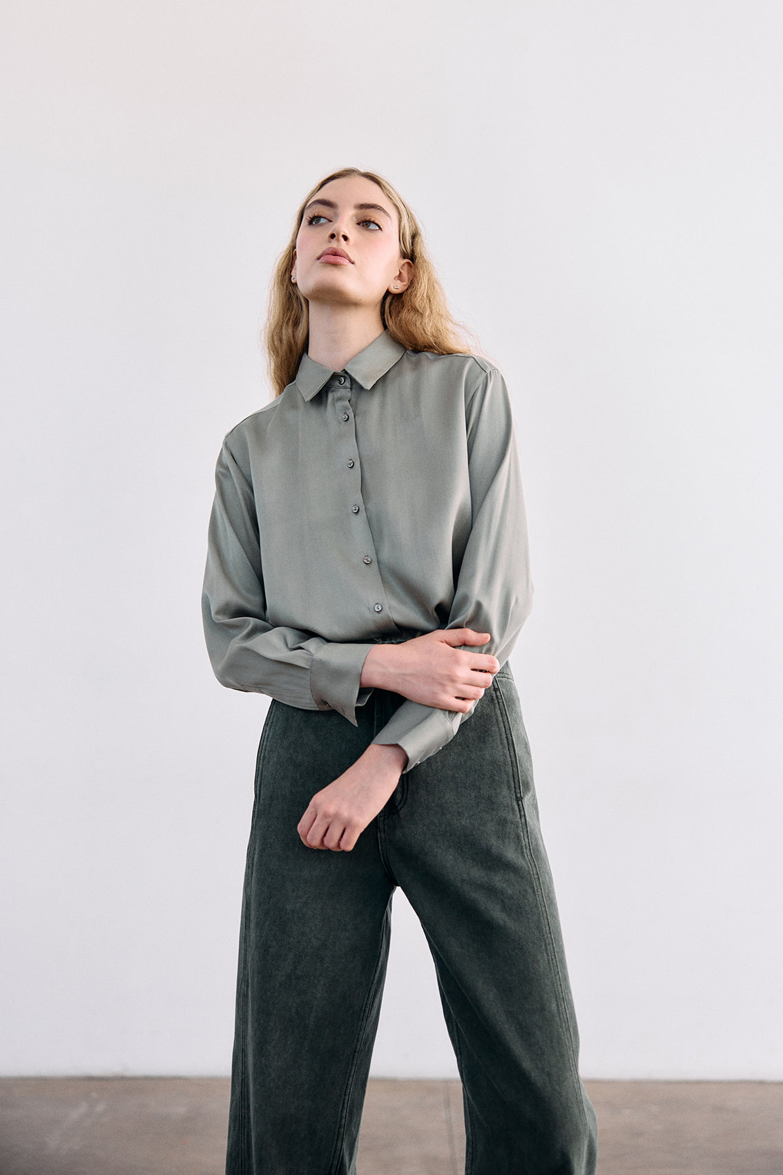 Pointed Collar Silk Button-Down Shirt - Musgo