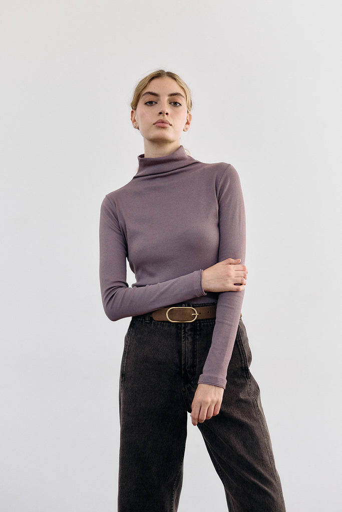 Ribbed Pima Cotton Turtleneck Top - Malva
