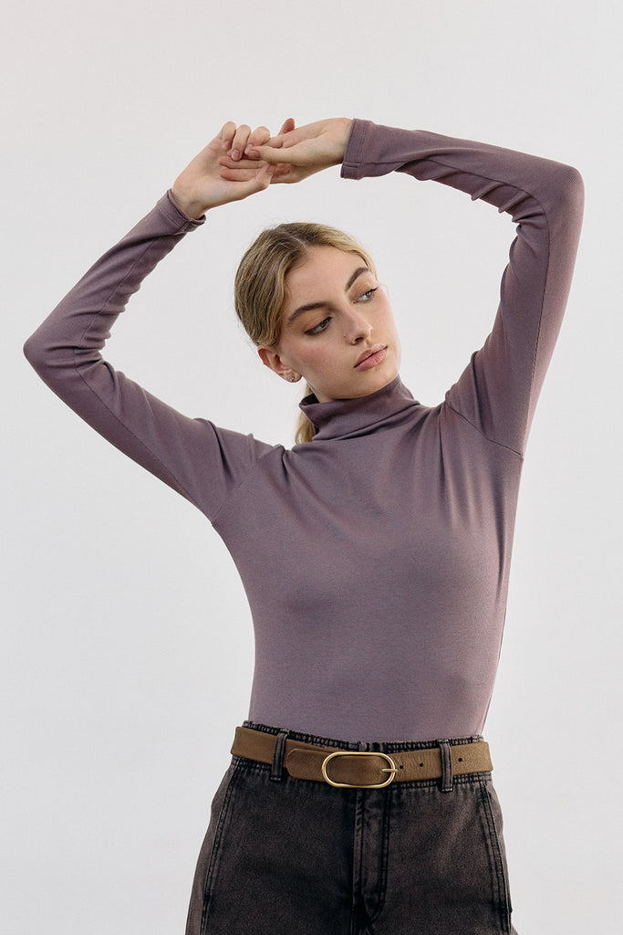 Ribbed Pima Cotton Turtleneck Top - Malva