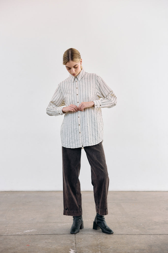 Contrast Stitching Cotton Blouse