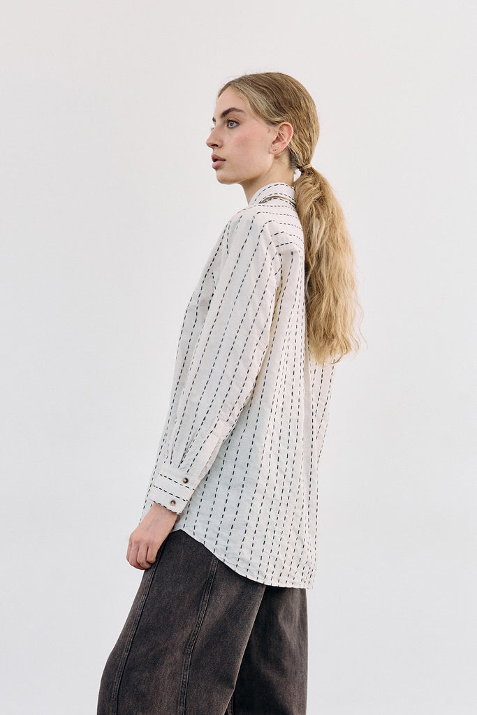 Contrast Stitching Cotton Blouse