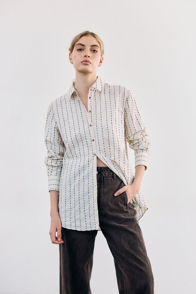 Contrast Stitching Cotton Blouse
